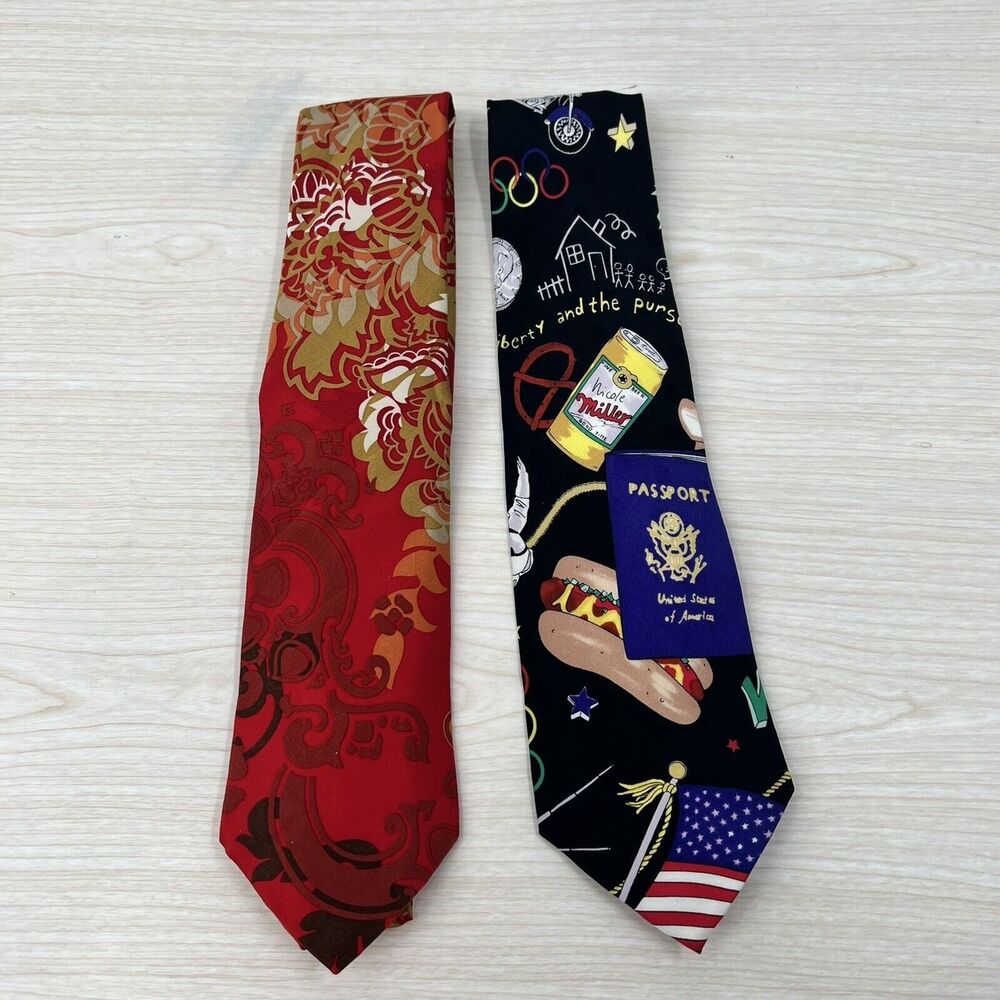 VTG Lot Of 2 Nicole Miller 1991 Tie Novelty Graphic Print Beer Hotdog Passport